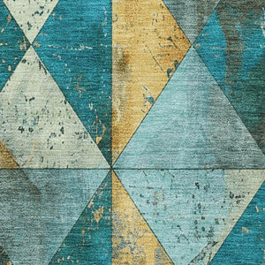 HomeRoots 10' X 14' Teal Gold Ivory Geometric Area Rug - Washable, UV Protected, Perfect for High-Traffic Spaces 699106