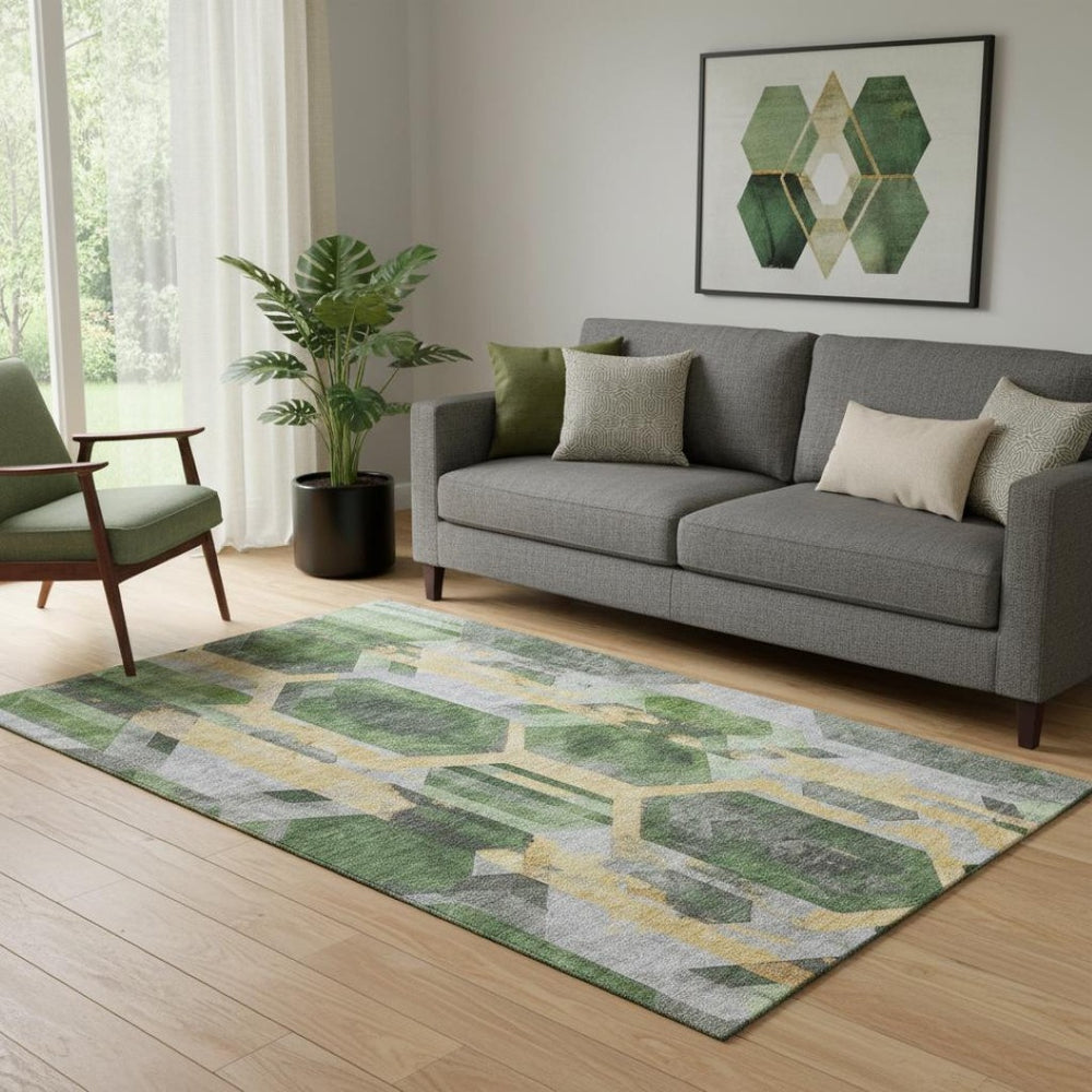 HomeRoots 5' X 8' Luxurious Green Gold Gray Geometric Area Rug - Washable, UV Protected, Family-Friendly Decor 699108