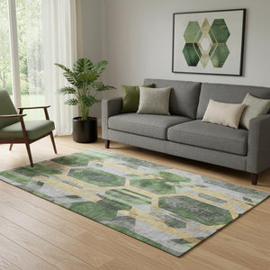 HomeRoots 5' X 8' Luxurious Green Gold Gray Geometric Area Rug - Washable, UV Protected, Family-Friendly Decor 699108