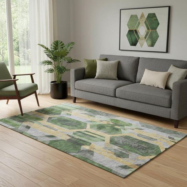 HomeRoots 5' X 8' Luxurious Green Gold Gray Geometric Area Rug - Washable, UV Protected, Family-Friendly Decor 699108