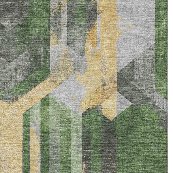 HomeRoots 5' X 8' Luxurious Green Gold Gray Geometric Area Rug - Washable, UV Protected, Family-Friendly Decor 699108