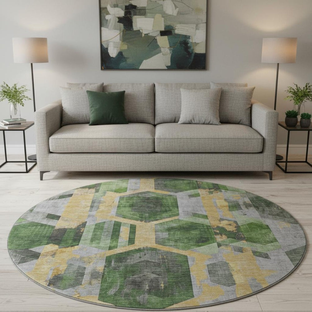 HomeRoots 8' Green Gold and Gray Geometric Round Rug - Washable, UV Protected, and Perfect for High Traffic Areas 699109