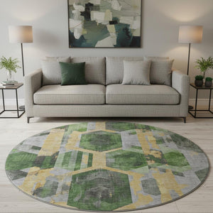 HomeRoots 8' Green Gold and Gray Geometric Round Rug - Washable, UV Protected, and Perfect for High Traffic Areas 699109