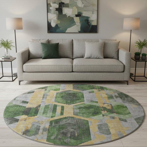 HomeRoots 8' Green Gold and Gray Geometric Round Rug - Washable, UV Protected, and Perfect for High Traffic Areas 699109