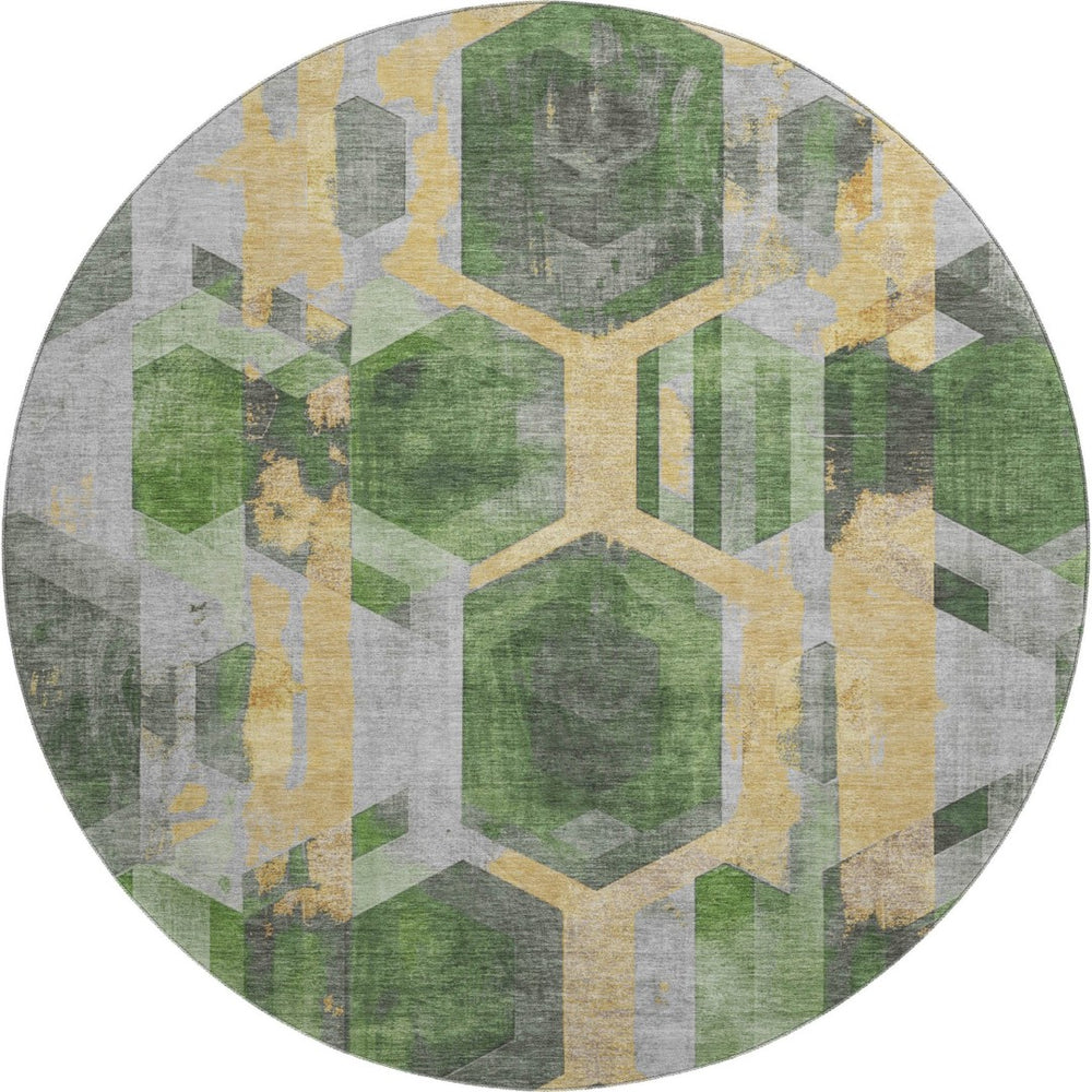 HomeRoots 8' Green Gold and Gray Geometric Round Rug - Washable, UV Protected, and Perfect for High Traffic Areas 699109