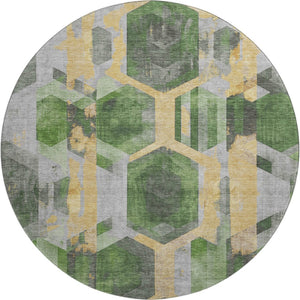 HomeRoots 8' Green Gold and Gray Geometric Round Rug - Washable, UV Protected, and Perfect for High Traffic Areas 699109