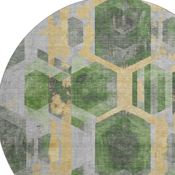HomeRoots 8' Green Gold and Gray Geometric Round Rug - Washable, UV Protected, and Perfect for High Traffic Areas 699109