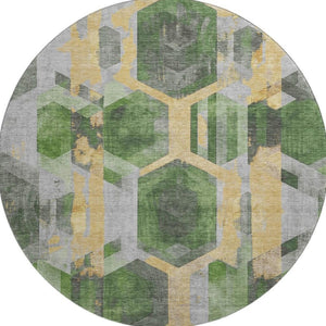 HomeRoots 8' Green Gold and Gray Geometric Round Rug - Washable, UV Protected, and Perfect for High Traffic Areas 699109