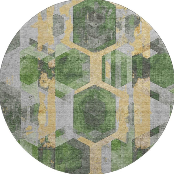 HomeRoots 8' Green Gold and Gray Geometric Round Rug - Washable, UV Protected, and Perfect for High Traffic Areas 699109