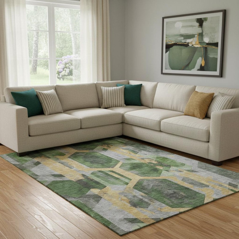 HomeRoots 8' X 10' Geometric Washable Area Rug - Stylish Green, Gold & Gray, UV Protection for Busy Homes! 699110