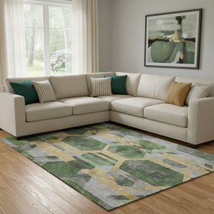 HomeRoots 8' X 10' Geometric Washable Area Rug - Stylish Green, Gold & Gray, UV Protection for Busy Homes! 699110