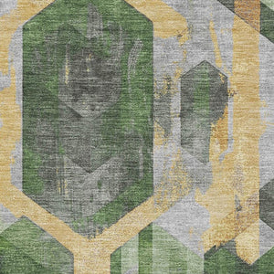 HomeRoots 8' X 10' Geometric Washable Area Rug - Stylish Green, Gold & Gray, UV Protection for Busy Homes! 699110