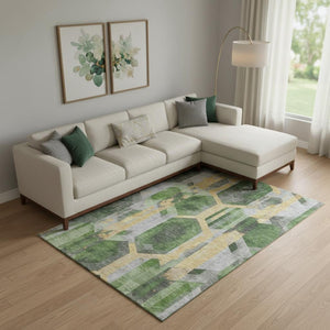 HomeRoots 9' X 12' Geometric Area Rug in Green, Gold, & Gray - Washable, UV-Protected, Stylish & Durable! 699111