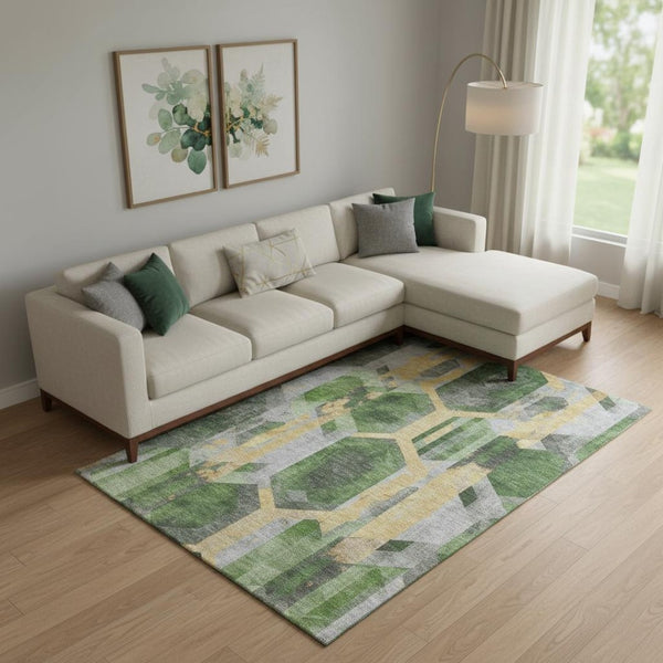 HomeRoots 9' X 12' Geometric Area Rug in Green, Gold, & Gray - Washable, UV-Protected, Stylish & Durable! 699111