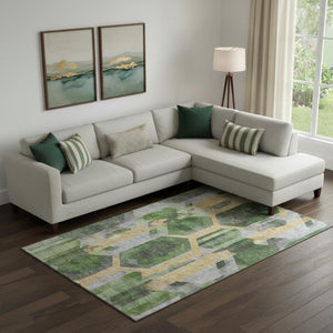 HomeRoots 10' Geometric Washable Area Rug in Green, Gold & Gray - UV Protection, Stain-Resistant & Non-Slip! 699112
