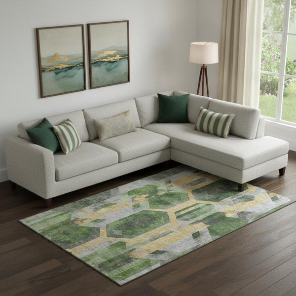 HomeRoots 10' Geometric Washable Area Rug in Green, Gold & Gray - UV Protection, Stain-Resistant & Non-Slip! 699112