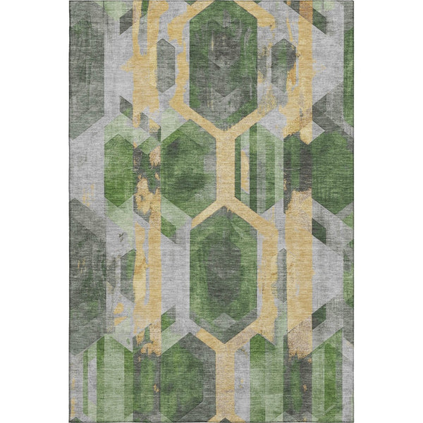HomeRoots 10' Geometric Washable Area Rug in Green, Gold & Gray - UV Protection, Stain-Resistant & Non-Slip! 699112