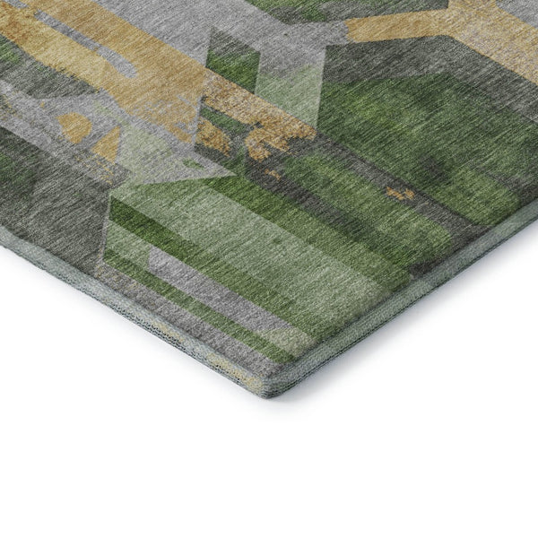 HomeRoots 10' Geometric Washable Area Rug in Green, Gold & Gray - UV Protection, Stain-Resistant & Non-Slip! 699112