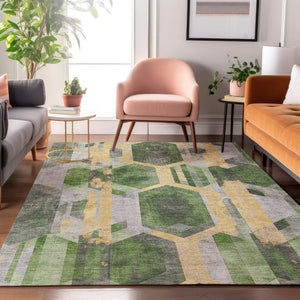 HomeRoots 10' Geometric Washable Area Rug in Green, Gold & Gray - UV Protection, Stain-Resistant & Non-Slip! 699112