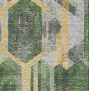 HomeRoots 10' Geometric Washable Area Rug in Green, Gold & Gray - UV Protection, Stain-Resistant & Non-Slip! 699112