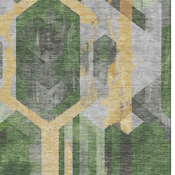 HomeRoots 10' Geometric Washable Area Rug in Green, Gold & Gray - UV Protection, Stain-Resistant & Non-Slip! 699112