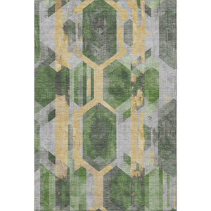 HomeRoots 10' Geometric Washable Area Rug in Green, Gold & Gray - UV Protection, Stain-Resistant & Non-Slip! 699112