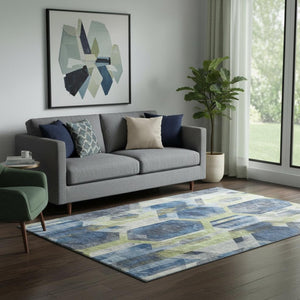 HomeRoots 5' X 8' Washable Geometric Area Rug in Navy, Green & Gray - UV Protected, Stain Resistant, Non-Slip 699114