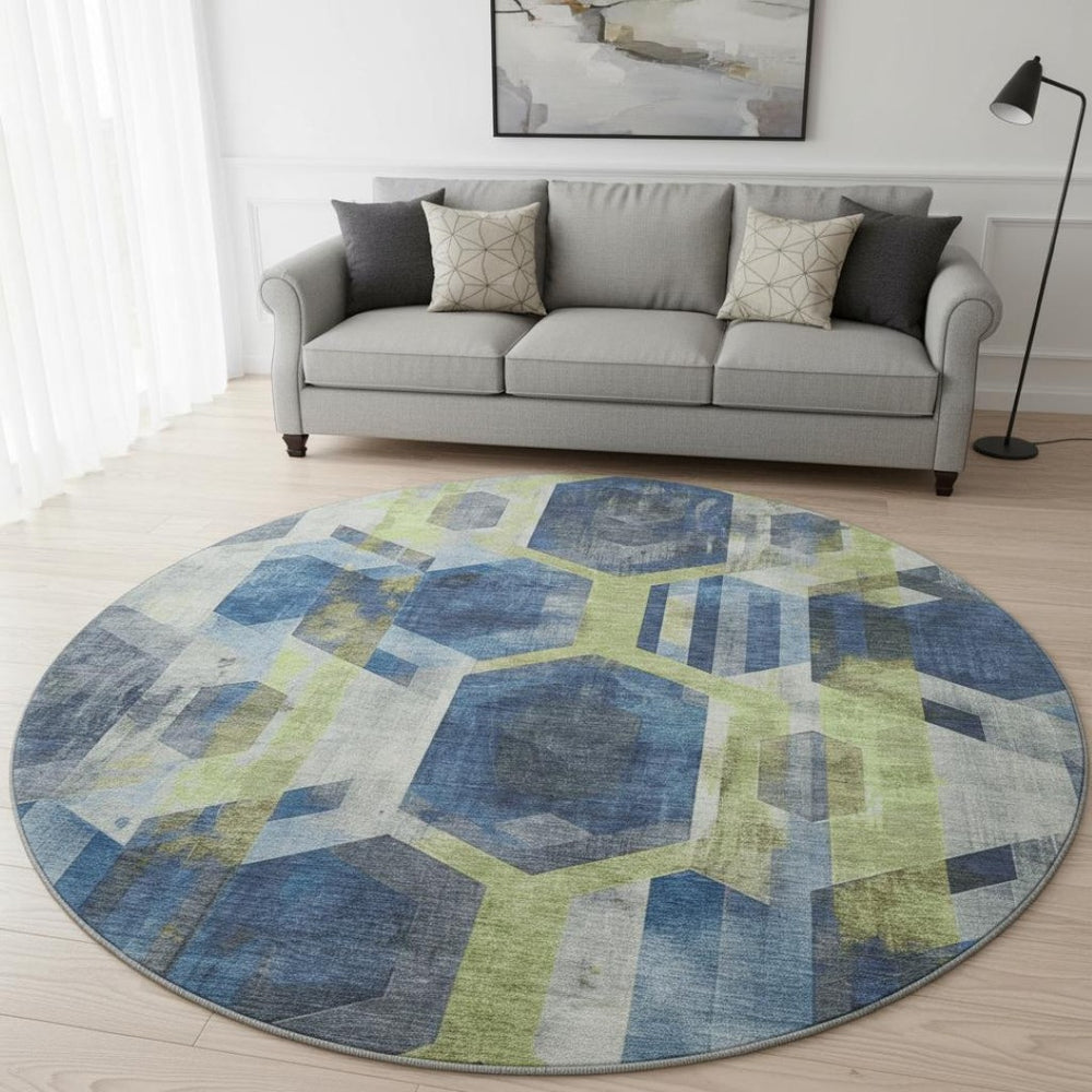 HomeRoots 8' Navy Blue Geometric Round Rug - Washable, UV Protected, Stain Resistant for Stylish Durability 699115
