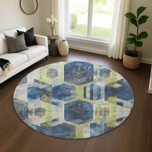 HomeRoots 8' Navy Blue Geometric Round Rug - Washable, UV Protected, Stain Resistant for Stylish Durability 699115