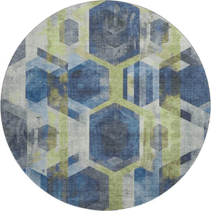 HomeRoots 8' Navy Blue Geometric Round Rug - Washable, UV Protected, Stain Resistant for Stylish Durability 699115