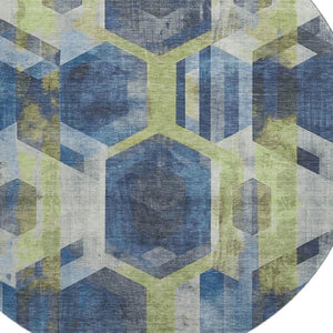 HomeRoots 8' Navy Blue Geometric Round Rug - Washable, UV Protected, Stain Resistant for Stylish Durability 699115