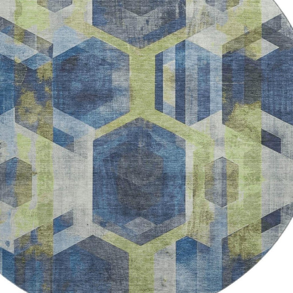 HomeRoots 8' Navy Blue Geometric Round Rug - Washable, UV Protected, Stain Resistant for Stylish Durability 699115