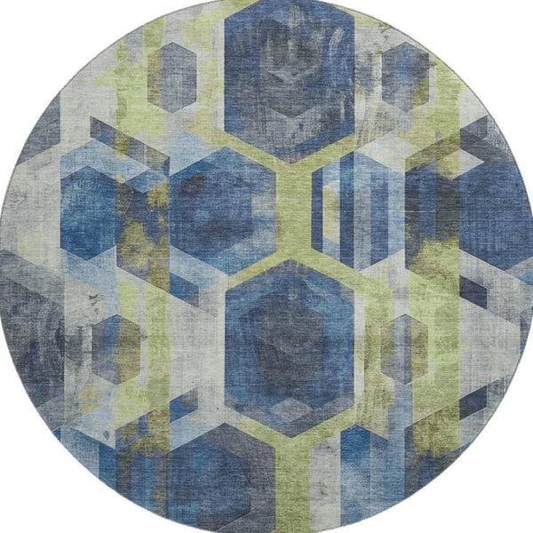 HomeRoots 8' Navy Blue Geometric Round Rug - Washable, UV Protected, Stain Resistant for Stylish Durability 699115