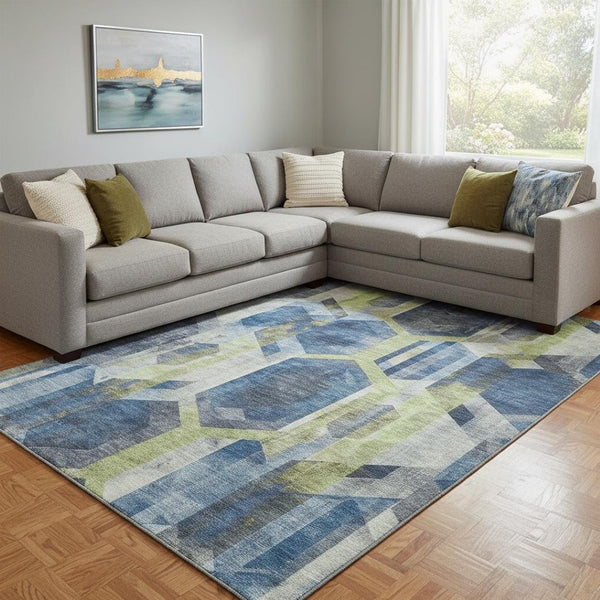 HomeRoots 8' X 10' Modern Geometric Area Rug in Navy, Green & Gray - Washable, UV Protected for Durability 699116