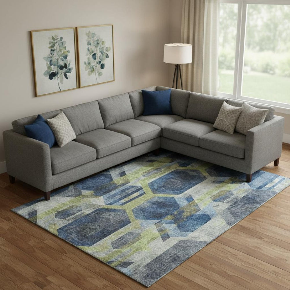 HomeRoots 9' X 12' Modern Geometric Area Rug in Navy, Green & Gray - Washable, Stain-Resistant & UV Protected! 699117