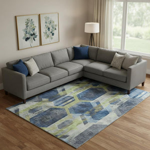 HomeRoots 9' X 12' Modern Geometric Area Rug in Navy, Green & Gray - Washable, Stain-Resistant & UV Protected! 699117