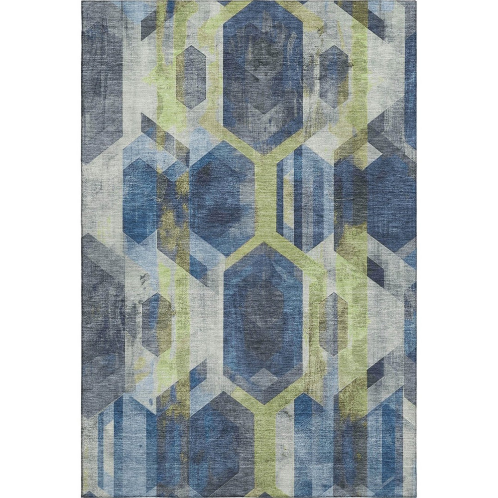 HomeRoots 9' X 12' Modern Geometric Area Rug in Navy, Green & Gray - Washable, Stain-Resistant & UV Protected! 699117