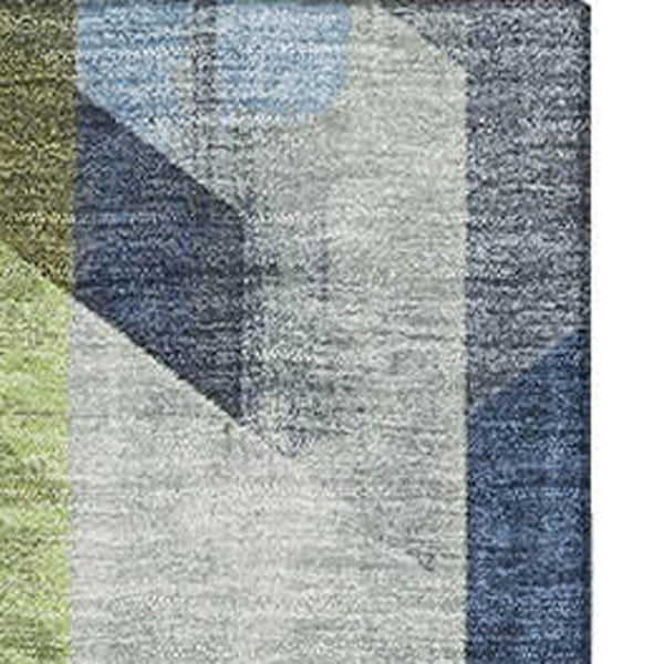 HomeRoots 9' X 12' Modern Geometric Area Rug in Navy, Green & Gray - Washable, Stain-Resistant & UV Protected! 699117