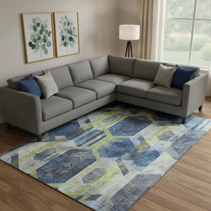 HomeRoots 10' X 14' Geometric Navy Blue Green Gray Area Rug - Washable, UV-Protected, Durable Design for Homes 699118