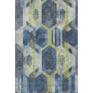 HomeRoots 10' X 14' Geometric Navy Blue Green Gray Area Rug - Washable, UV-Protected, Durable Design for Homes 699118