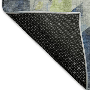 HomeRoots 10' X 14' Geometric Navy Blue Green Gray Area Rug - Washable, UV-Protected, Durable Design for Homes 699118