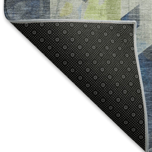 HomeRoots 10' X 14' Geometric Navy Blue Green Gray Area Rug - Washable, UV-Protected, Durable Design for Homes 699118