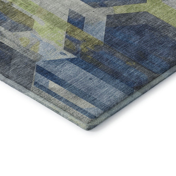 HomeRoots 10' X 14' Geometric Navy Blue Green Gray Area Rug - Washable, UV-Protected, Durable Design for Homes 699118