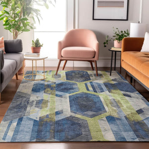 HomeRoots 10' X 14' Geometric Navy Blue Green Gray Area Rug - Washable, UV-Protected, Durable Design for Homes 699118