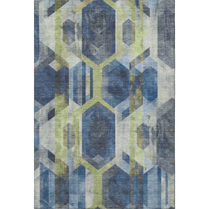 HomeRoots 10' X 14' Geometric Navy Blue Green Gray Area Rug - Washable, UV-Protected, Durable Design for Homes 699118