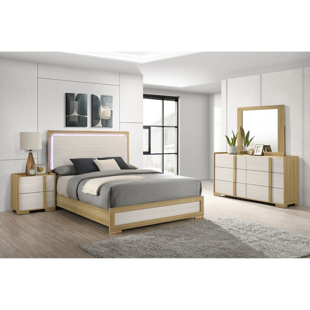 English Elm Lincoln Queen Bedroom Set with Led Headboard Italian Modern Natural Wood Finish B062S01836
