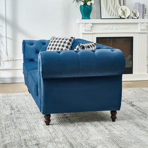 English Elm 67"Chesterfield Velvet 2-Seater Sofa with Nailhead Trim, Roll Arms, Hardwood Frame, Luxurious Comfort Blue W3373S00050
