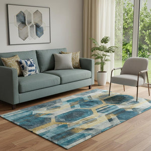 HomeRoots 5' Teal Gold Silver Geometric Area Rug - Washable, UV-Protected, Durable for High-Traffic Spaces 699120
