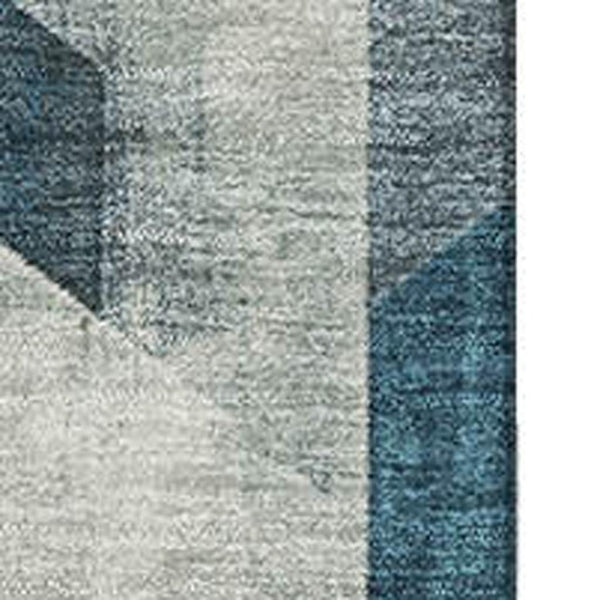 HomeRoots 5' Teal Gold Silver Geometric Area Rug - Washable, UV-Protected, Durable for High-Traffic Spaces 699120
