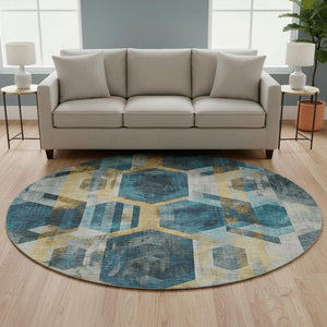 HomeRoots 8' Teal Gold Silver Geometric Round Rug - Washable, UV Protected, Durable for Modern Homes 699121